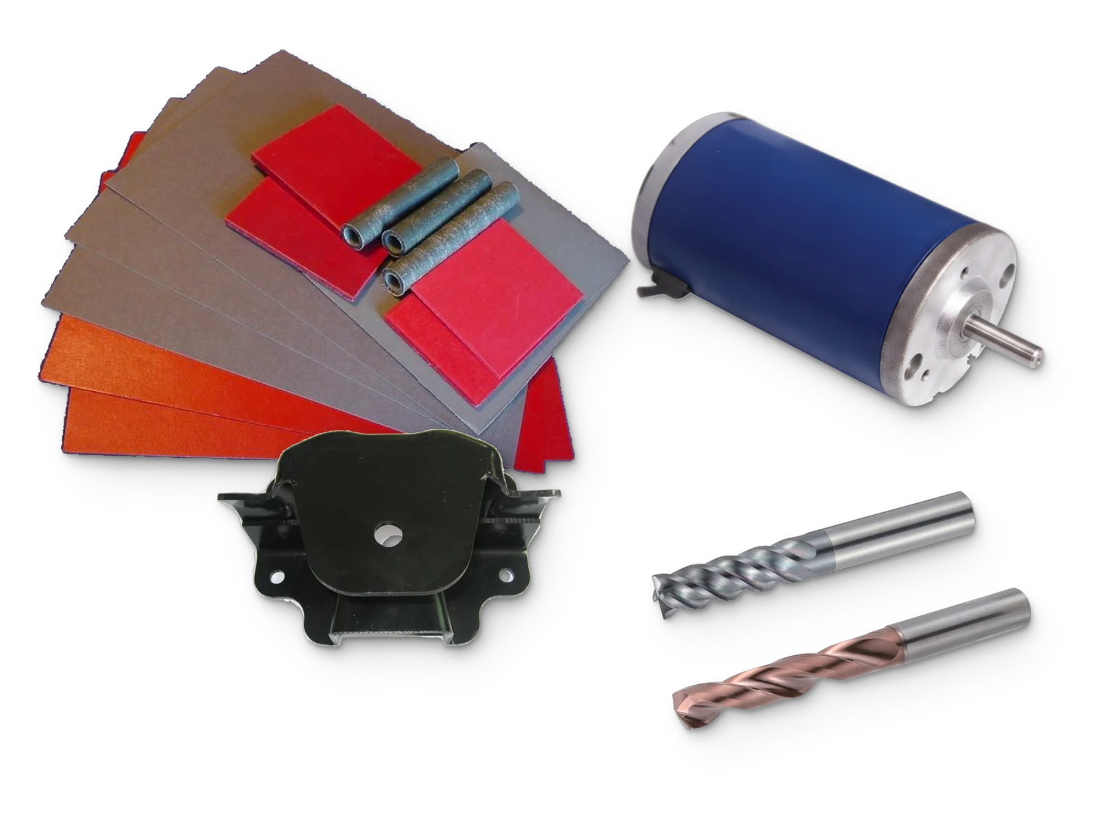 Industrial laminate sheets and tubes, a DC motor, a stamped steel part, a carbide end mill and a carbide drill